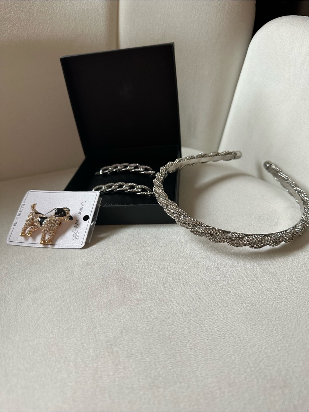 Silver Crystal Braided Headband and Hoop Earring Set